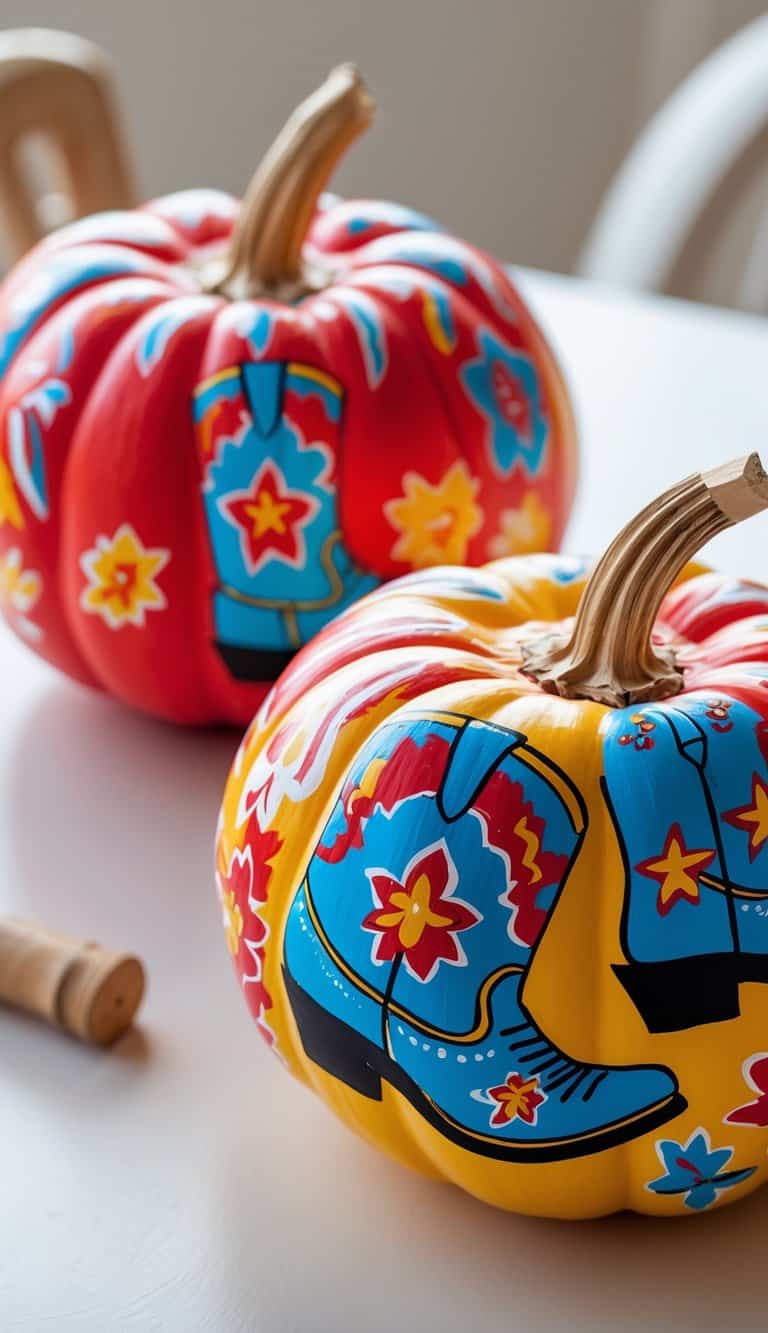 Close-up of one or two pumpkins painted with colorful cowboy boot designs on a tabletop.