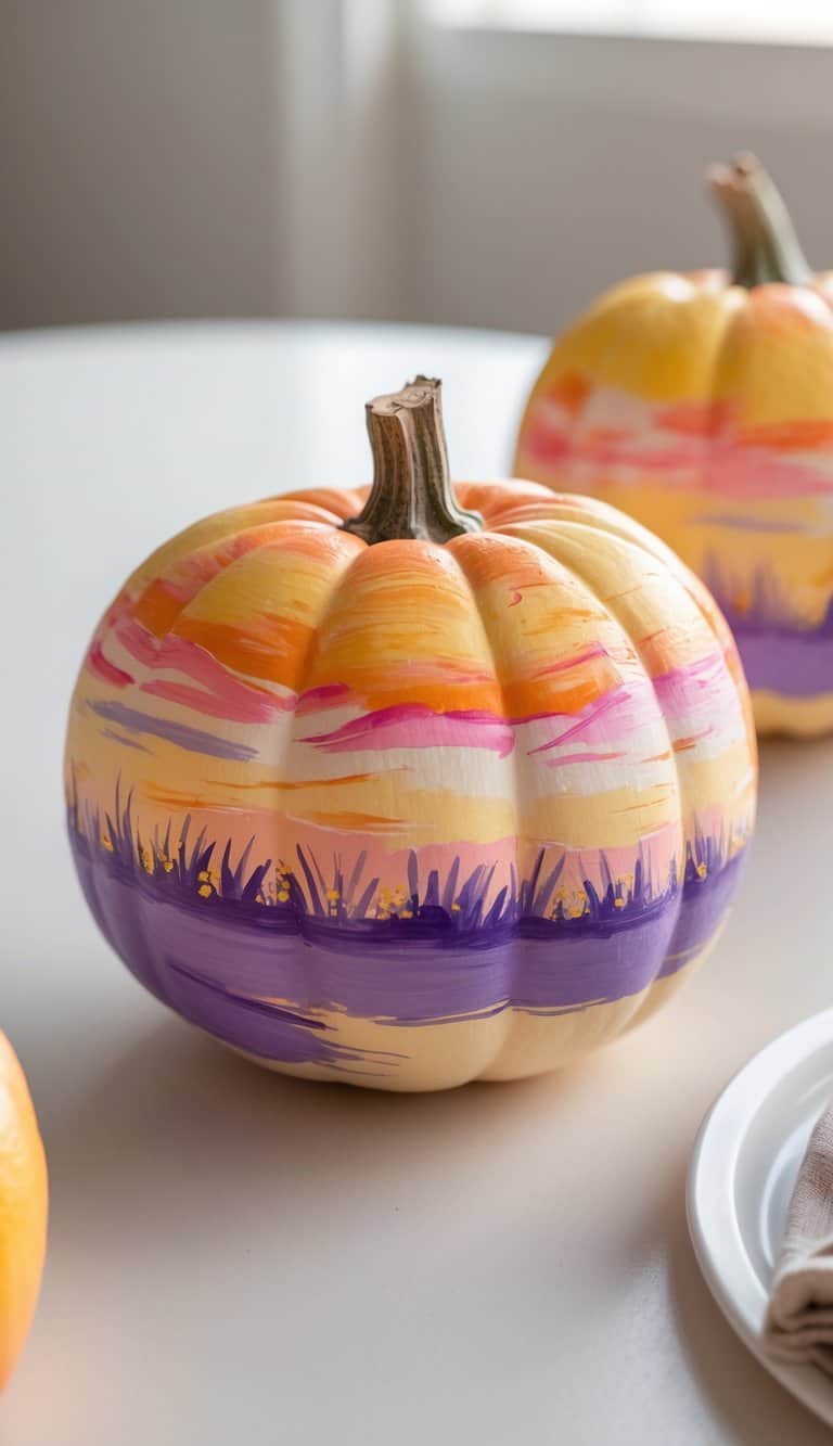 Close-up of one to two pumpkins painted with colorful prairie sunset designs on a clean tabletop.