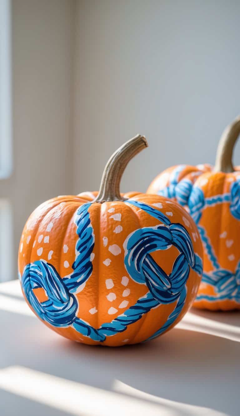 One or two pumpkins painted with colorful western rope knot designs on a plain tabletop, shown in close-up.