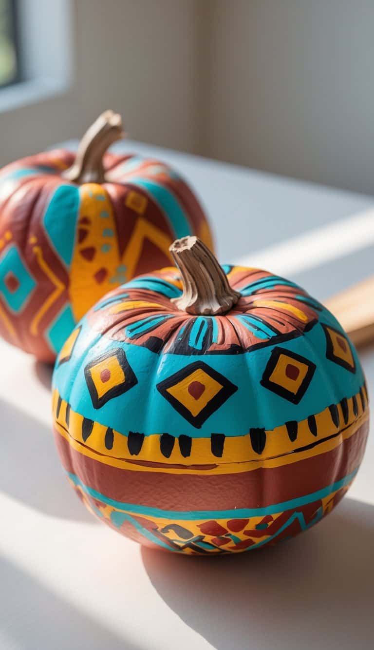 Close-up of one or two pumpkins painted with colorful southwestern pottery patterns, placed on a clean tabletop.
