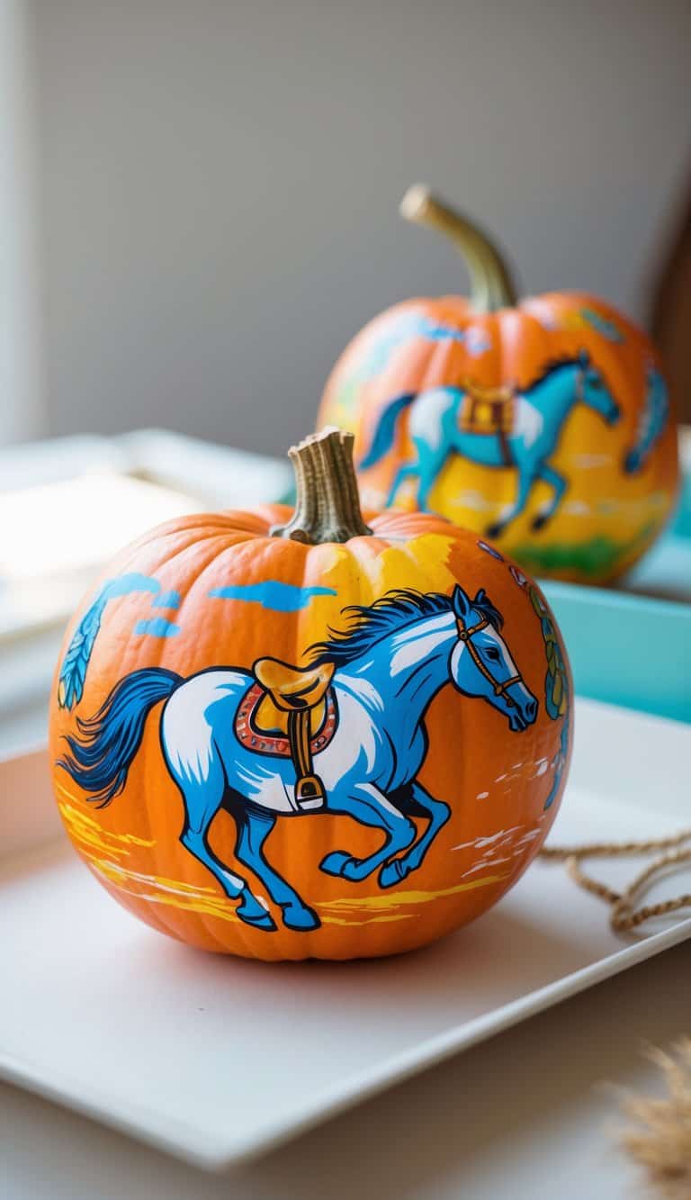 Close-up of one or two pumpkins painted with colorful wild mustang designs on a tabletop.