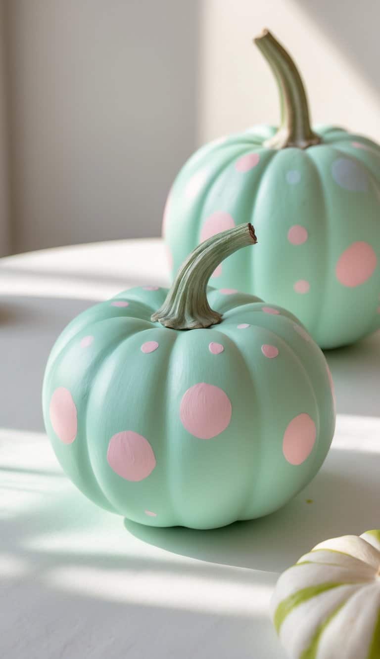 One to two mint green pumpkins with white polka dots on a tabletop.
