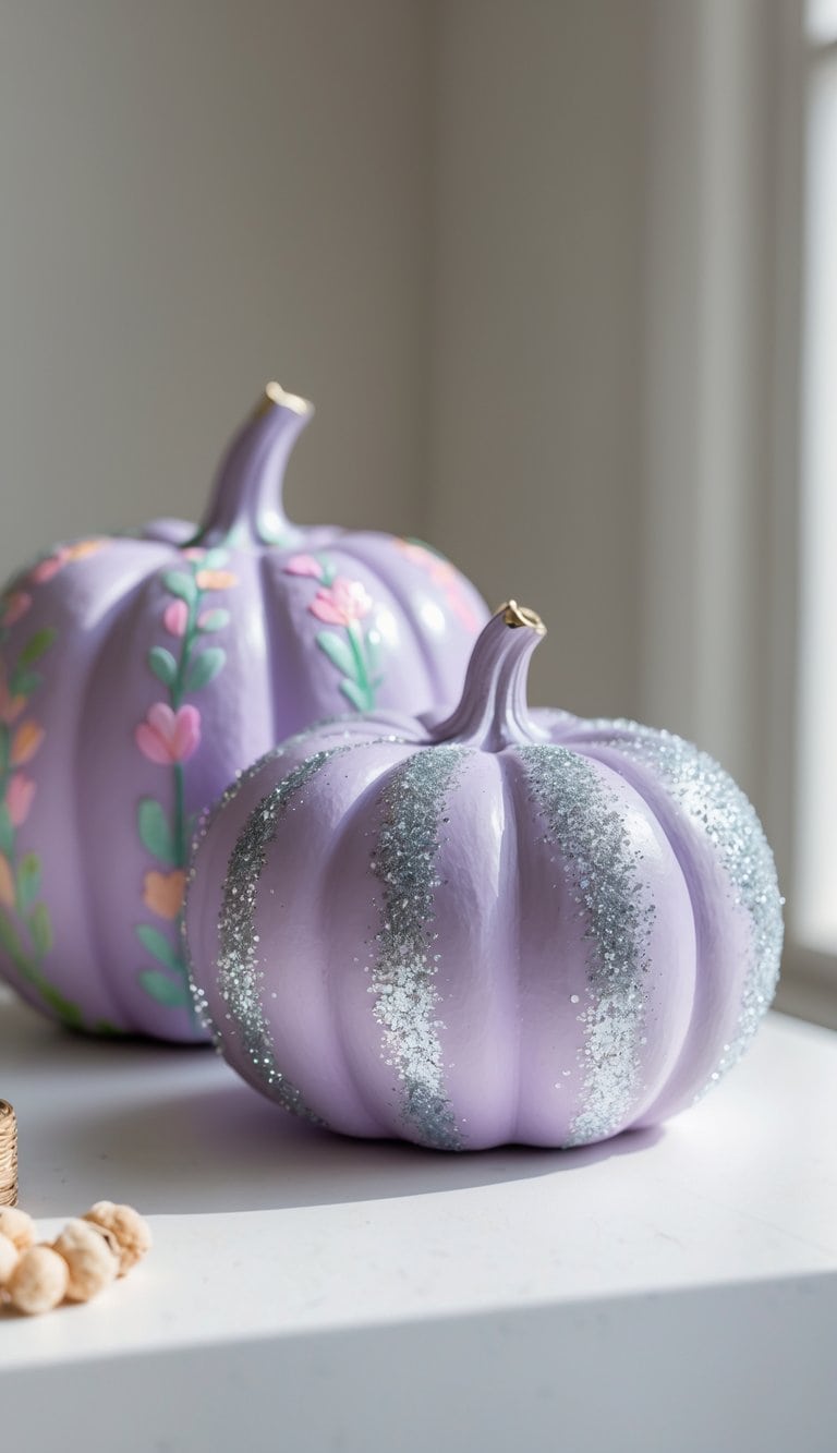 Close-up of one to two lavender painted pumpkins with silver glitter accents on a clean tabletop.
