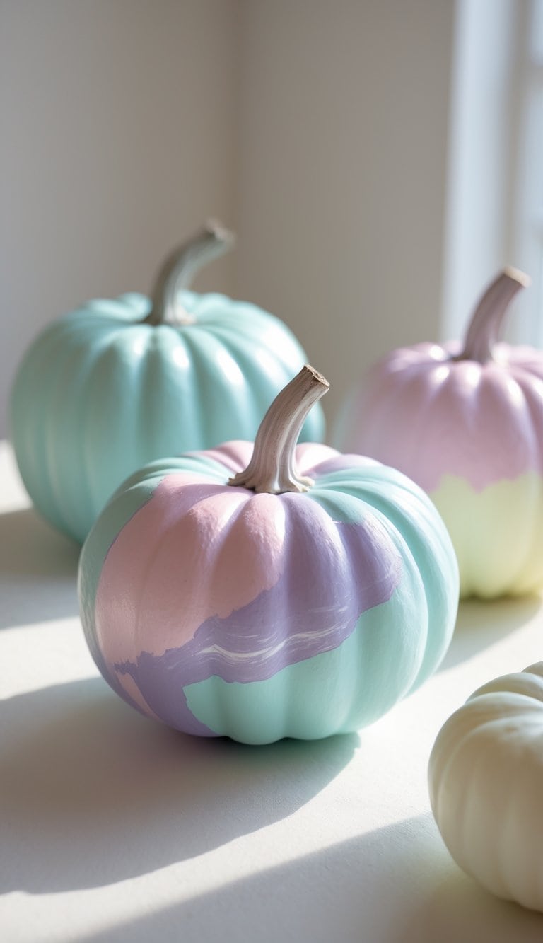 Close-up of one or two baby blue pumpkins painted with colorful pastel tie-dye patterns on a clean tabletop.