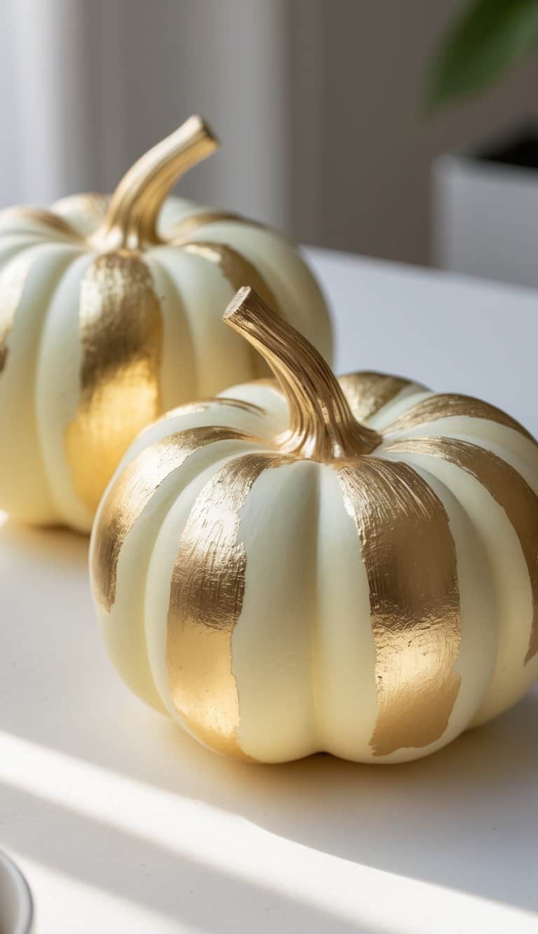Close-up of one to two pastel yellow pumpkins with gold brush strokes on a clean tabletop.