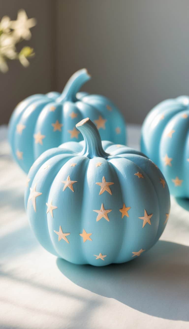 One to two powder blue pumpkins painted with tiny white stars on a clean tabletop.