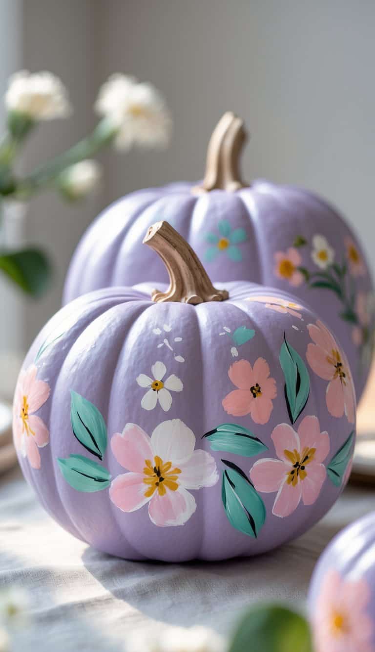 Close-up of one to two lilac pumpkins with colorful hand-painted floral designs on a clean tabletop.