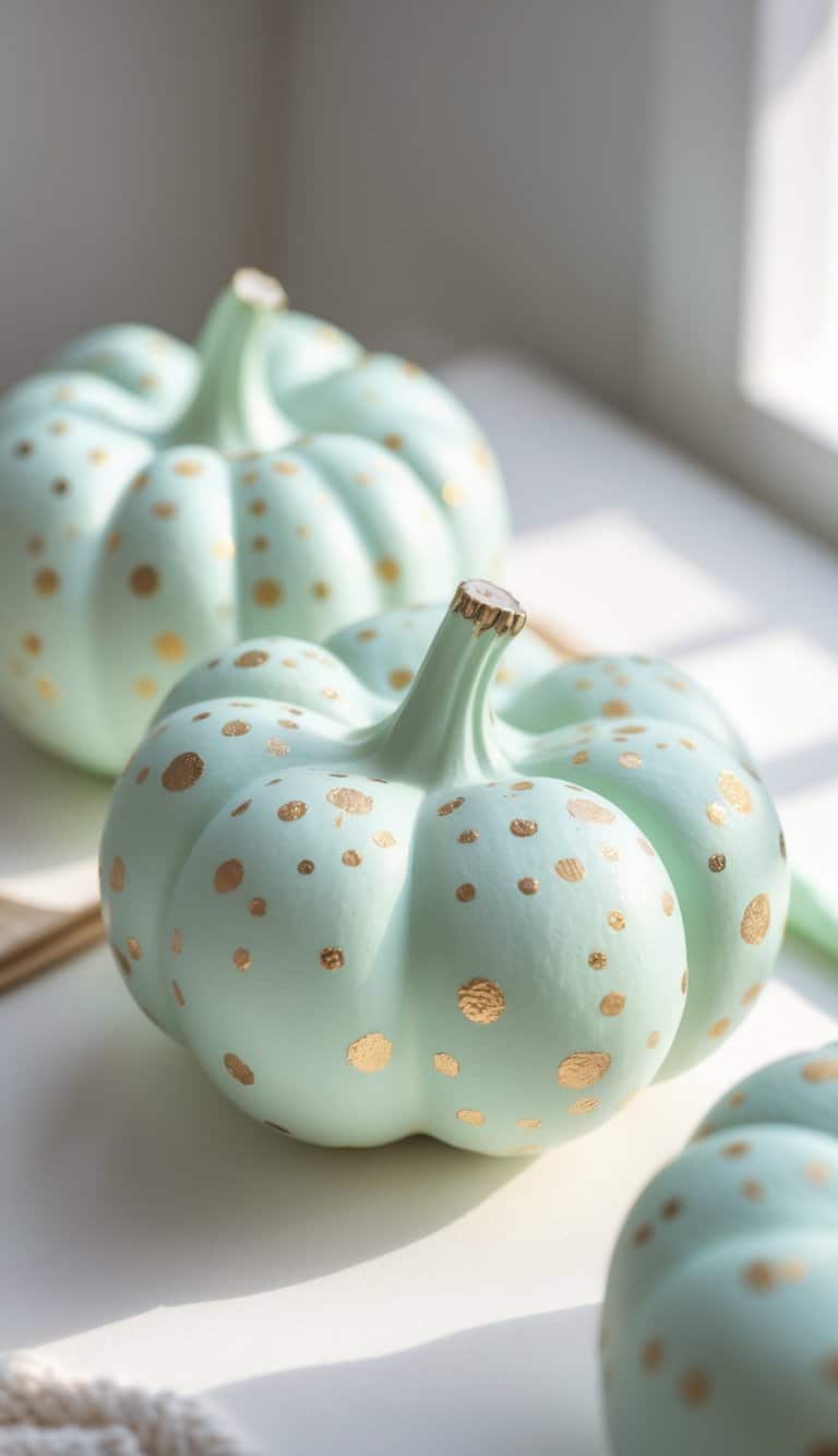 One to two pastel green pumpkins with tiny gold dots on a clean tabletop.