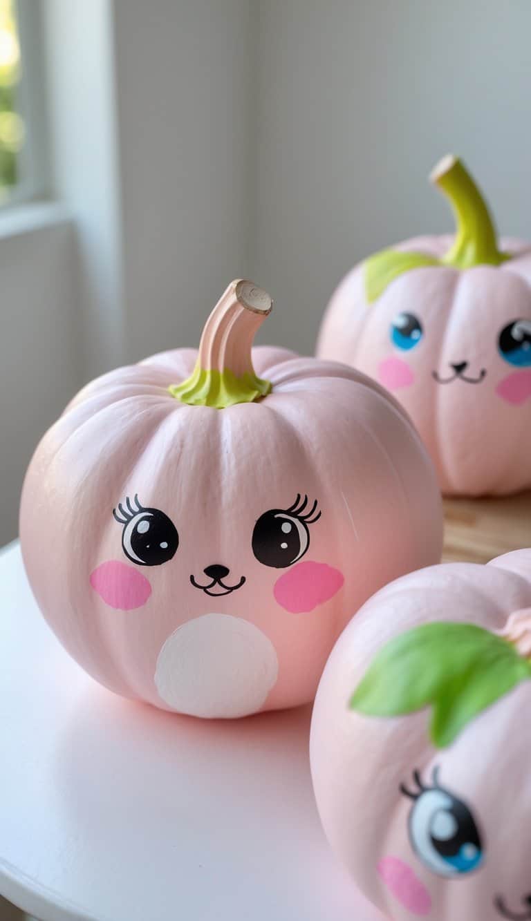 One or two blush pink pumpkins painted with cute animal faces on a clean tabletop.
