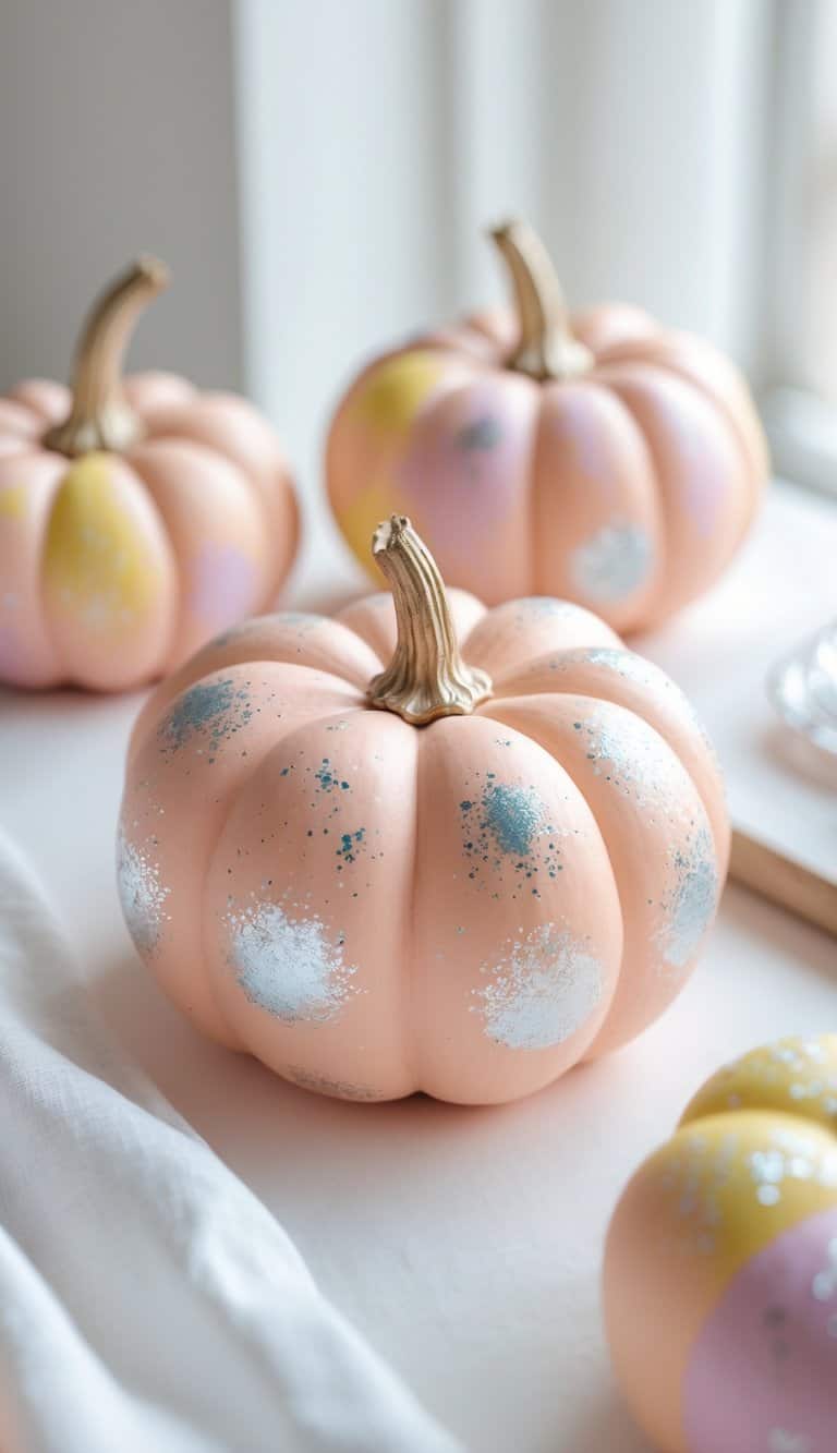 One or two pastel peach pumpkins with tiny silver speckles on a clean tabletop under soft daylight.