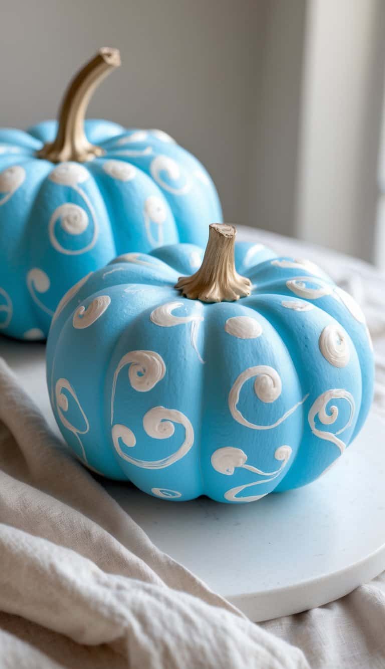 Close-up of one to two sky blue pumpkins with white swirl patterns on a tabletop.
