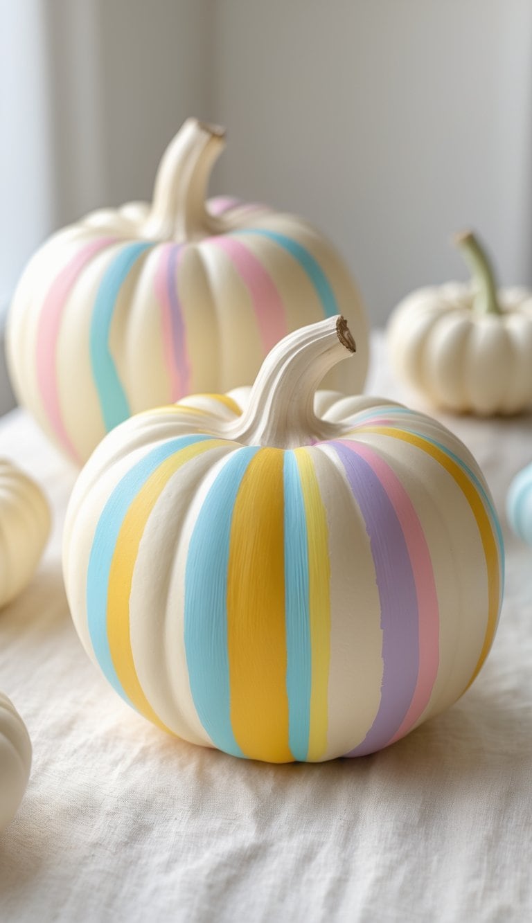 One to two cream pumpkins painted with pastel rainbow stripes placed on a tabletop.