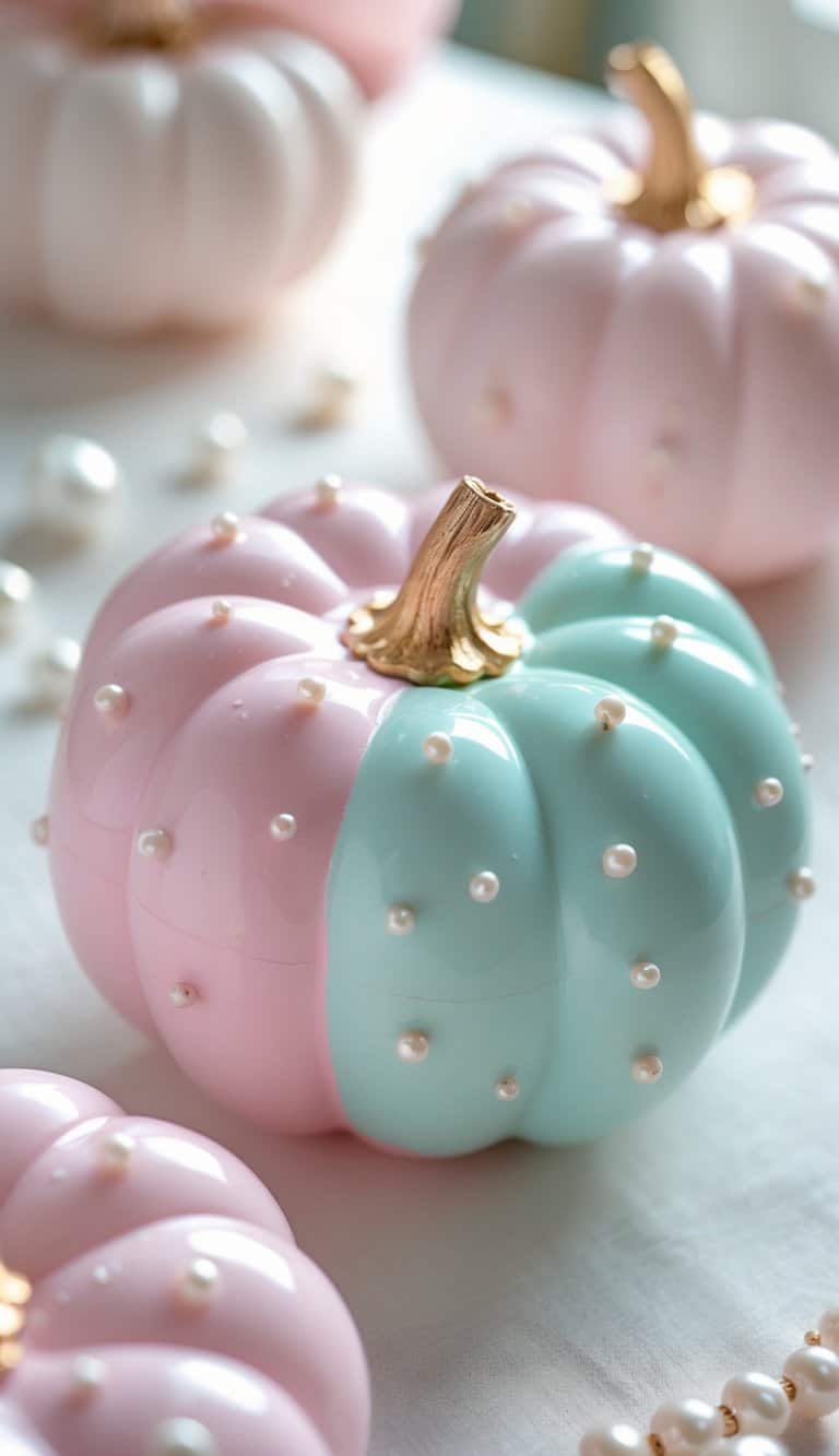 Close-up of one or two baby pink pumpkins decorated with tiny pearls on a clean tabletop.