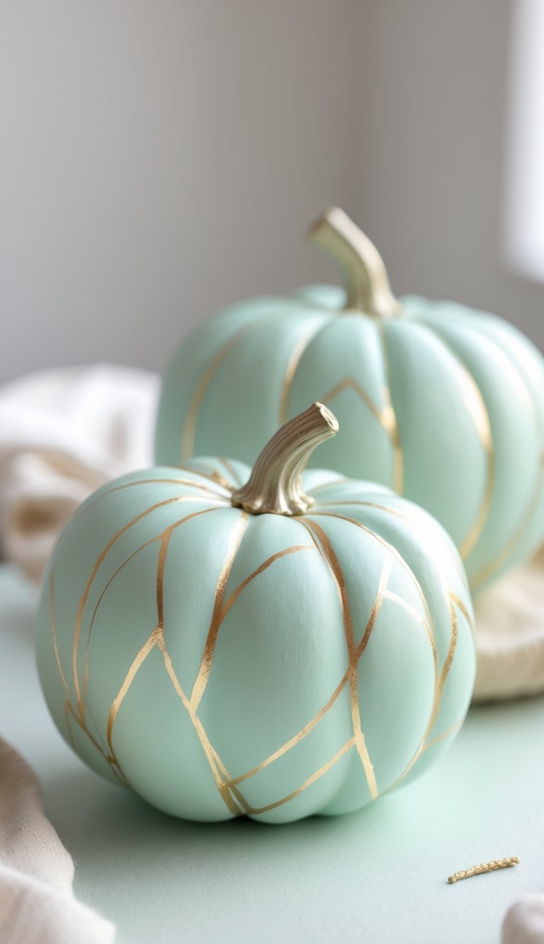 Close-up of one or two pastel green pumpkins with gold geometric lines on a tabletop.