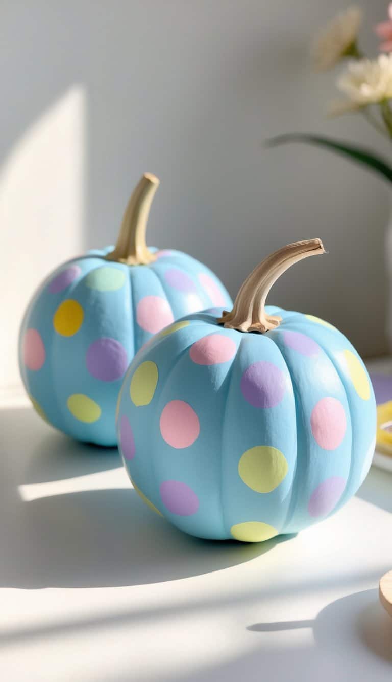 Close-up of one to two soft blue pumpkins painted with colorful pastel dots on a clean tabletop.