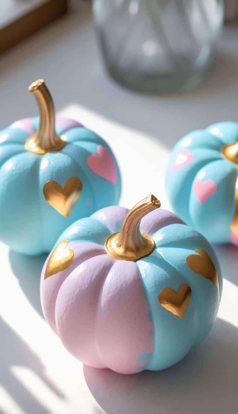One to two baby blue pumpkins with gold heart designs on a clean tabletop under soft daylight.