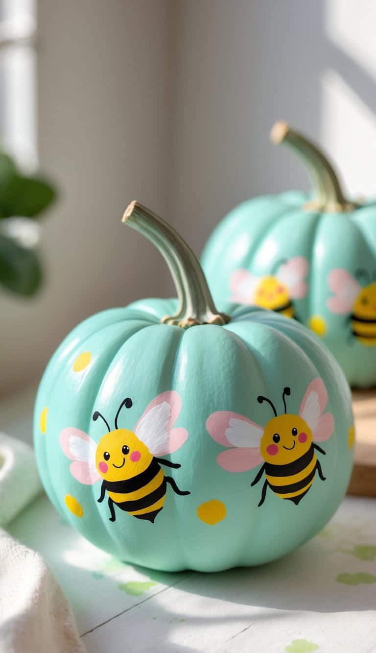 Two mint green pumpkins painted with cute bumblebee designs placed on a tabletop.
