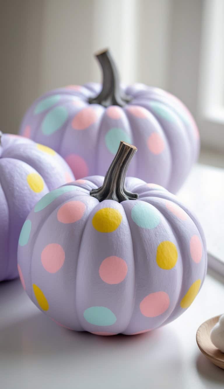 Pastel purple pumpkins decorated with large polka dots in pink, yellow, and light blue, displayed indoors by a window on a white surface.