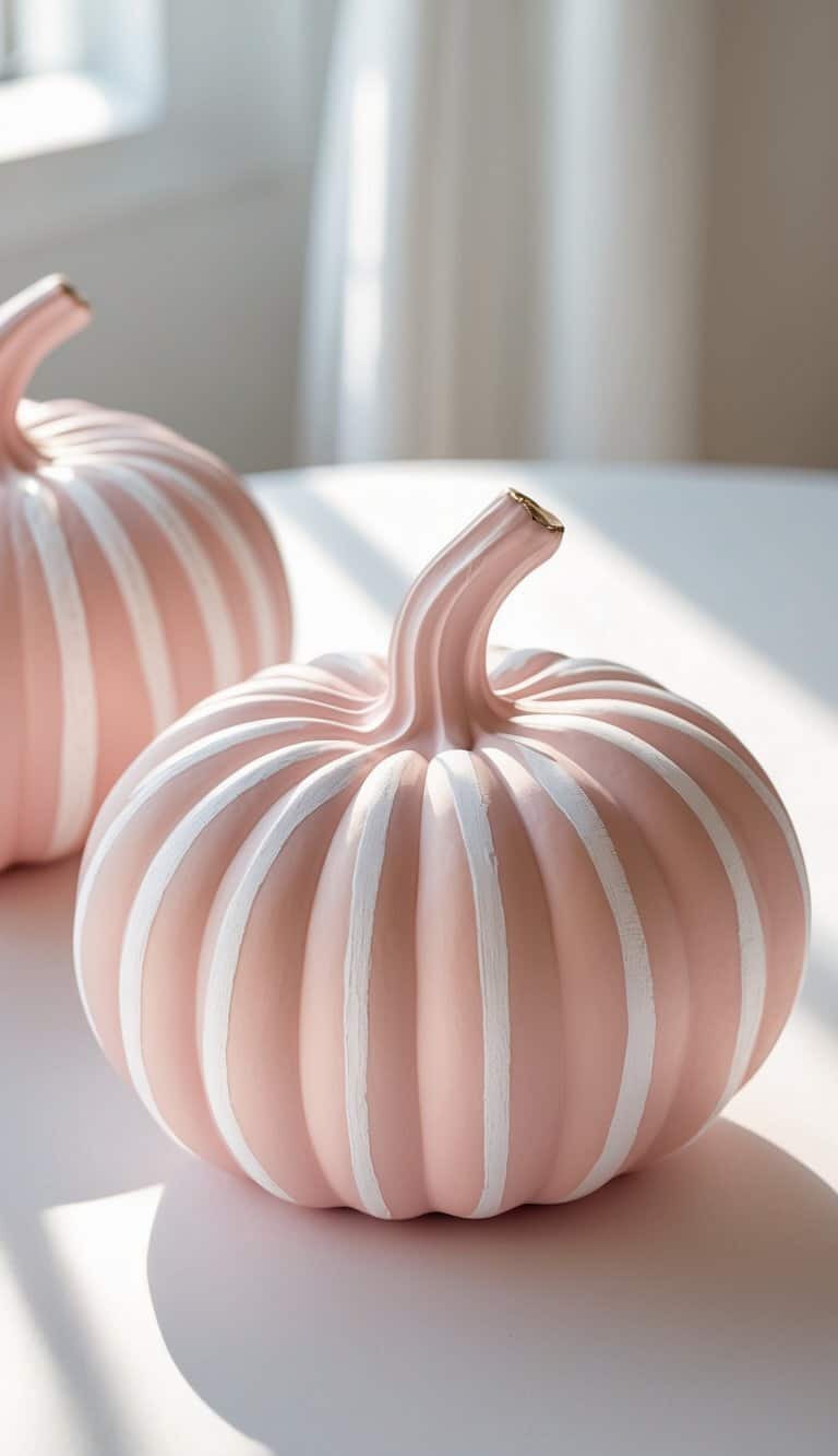 Close-up of one to two blush-colored pumpkins painted with white spiral patterns on a clean tabletop.