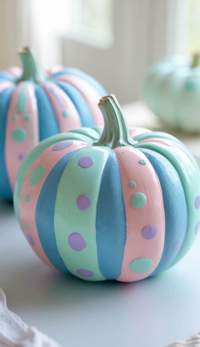 One or two sky blue pumpkins painted with pastel stripes and dots on a clean tabletop.