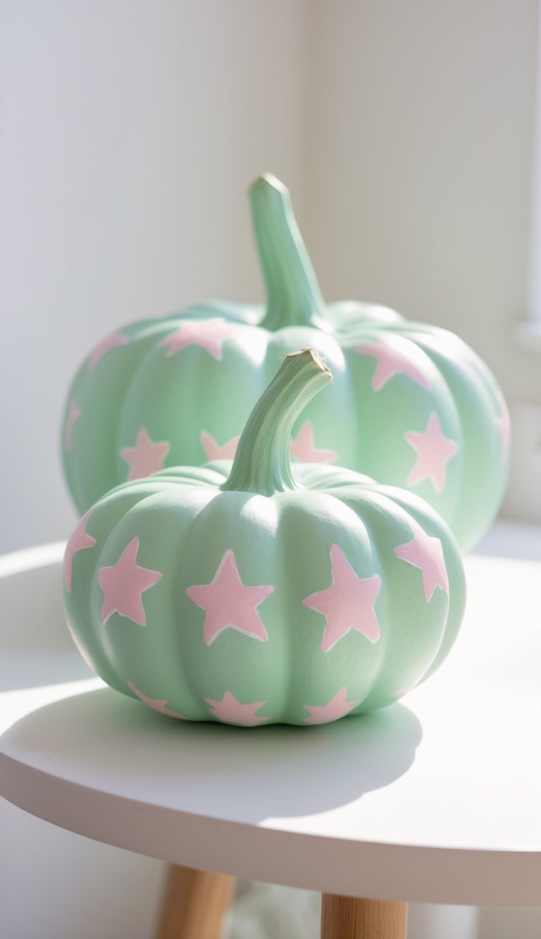 One or two pastel green pumpkins painted with white star patterns sitting on a tabletop.