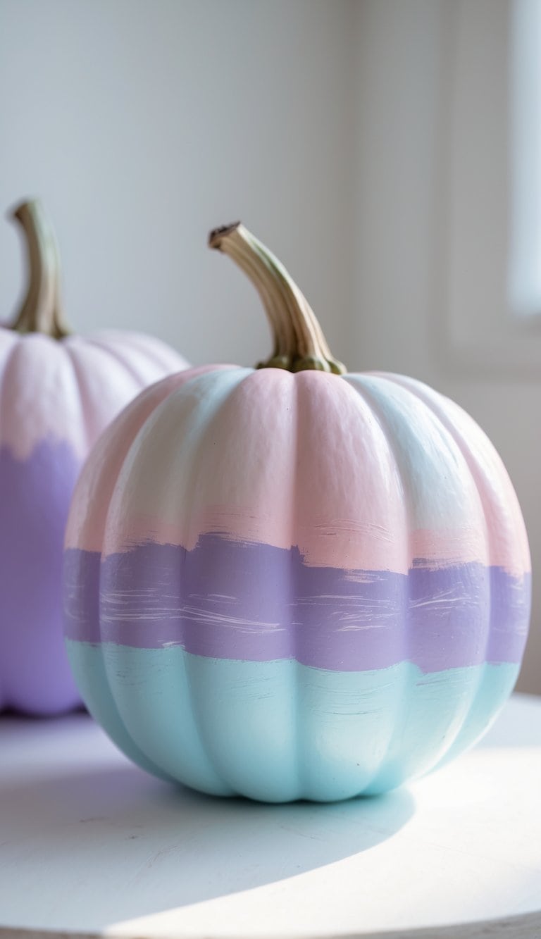 Close-up of one or two lilac pumpkins painted with pastel ombré colors on a clean tabletop.