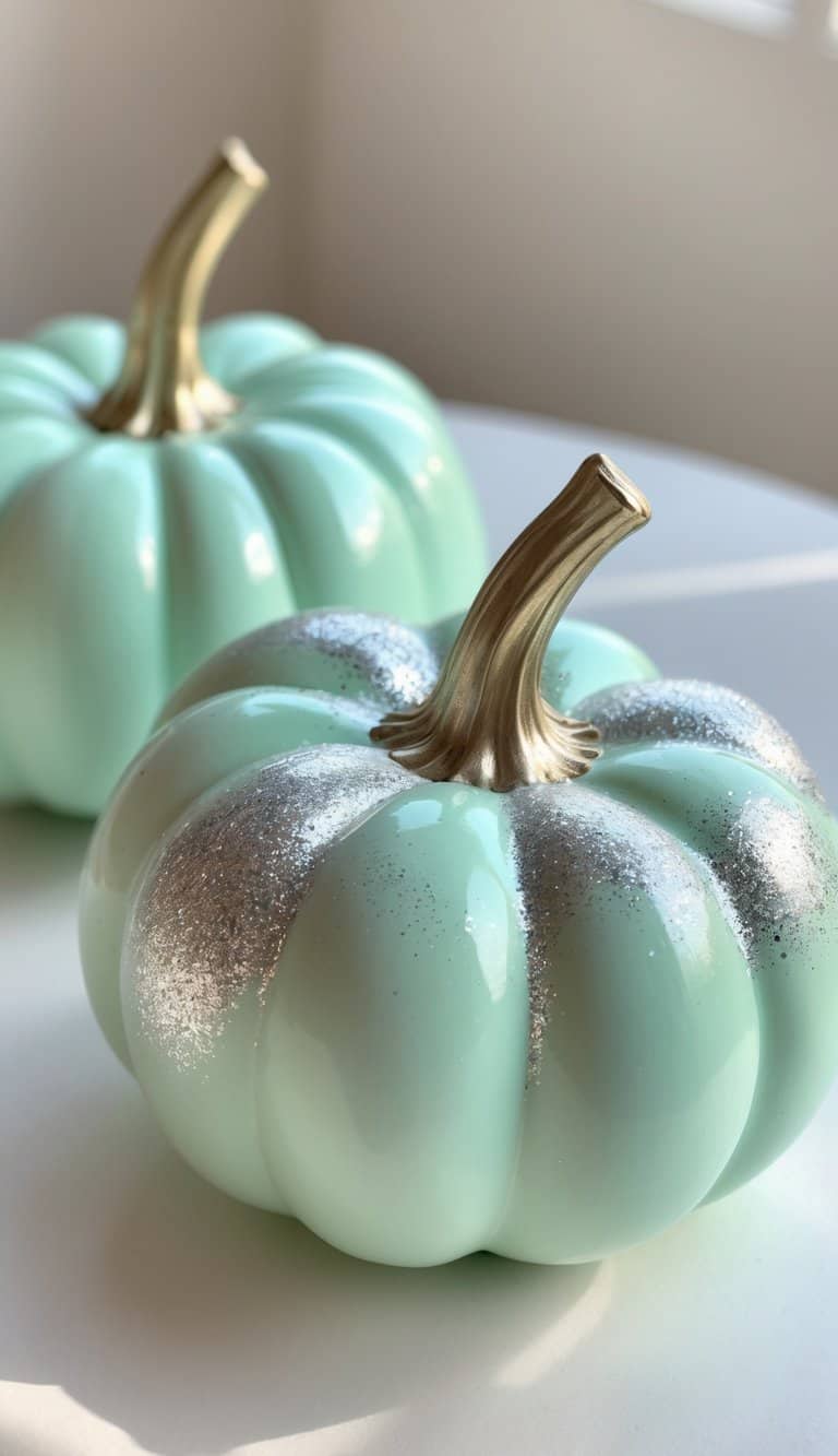 One or two mint green painted pumpkins with silver glitter highlights on a plain tabletop.