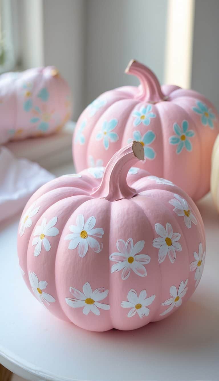 Close-up of one to two powder pink pumpkins painted with white flower outlines on a tabletop.