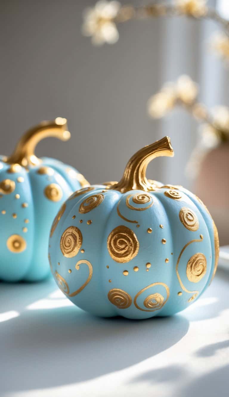 One or two blue pumpkins painted with gold swirls and dots on a tabletop.