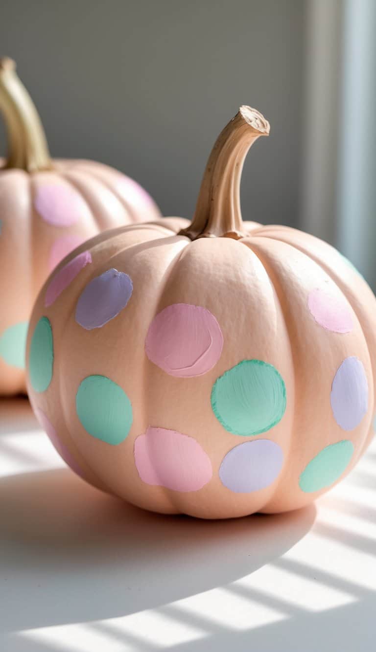One or two peach pumpkins painted with colorful pastel confetti spots on a clean tabletop.