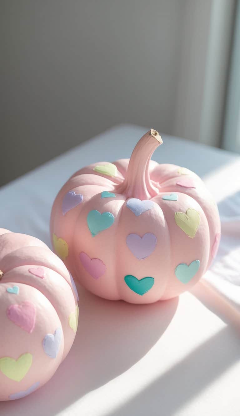 One or two blush pink pumpkins painted with small pastel hearts on a clean tabletop.
