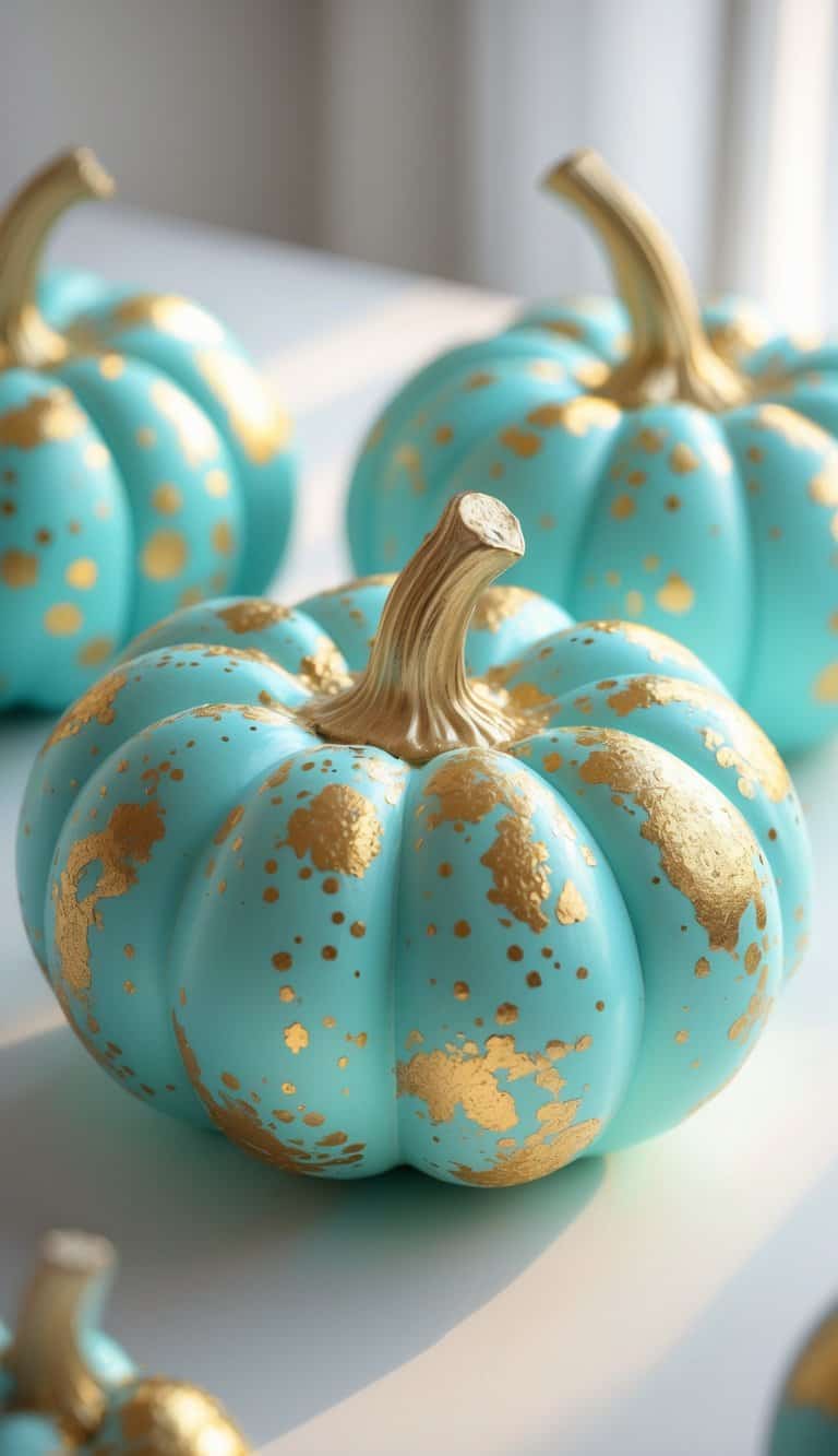Close-up of one or two pastel turquoise pumpkins with gold speckles on a tabletop.