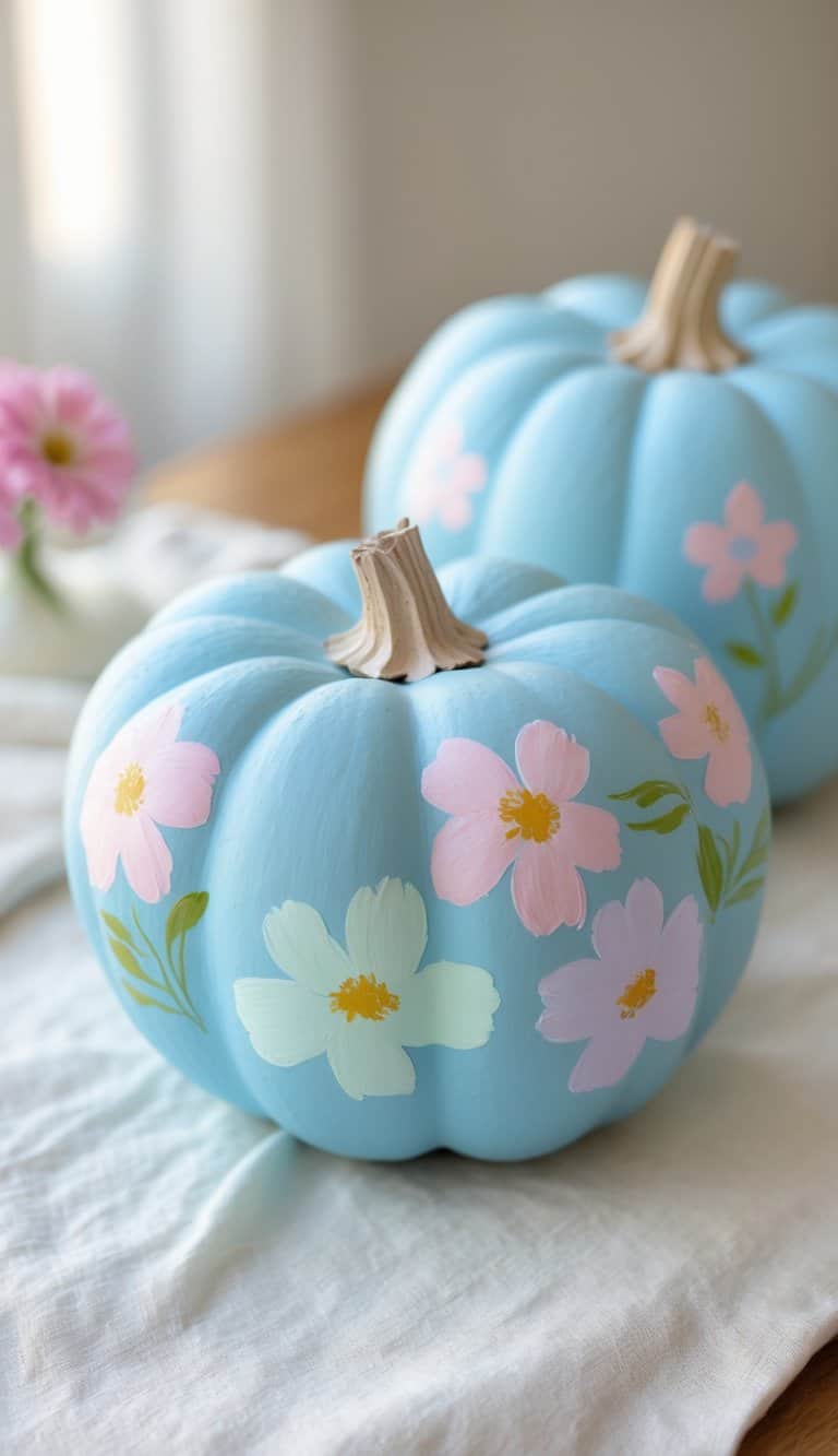 One to two baby blue pumpkins painted with soft pastel flowers on a clean tabletop.