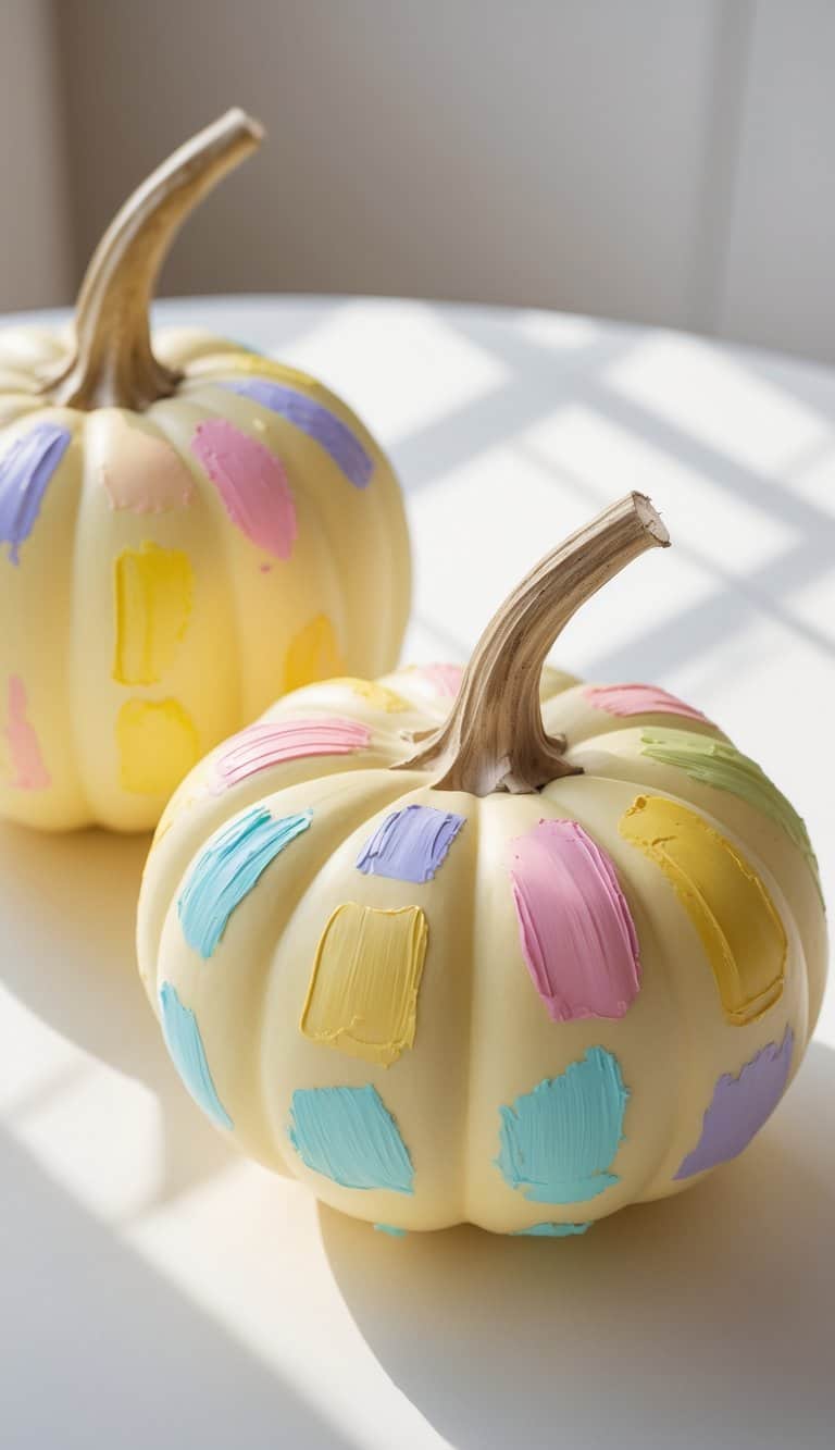 Close-up view of one to two soft yellow pumpkins painted with colorful pastel brush dabs on a clean tabletop.