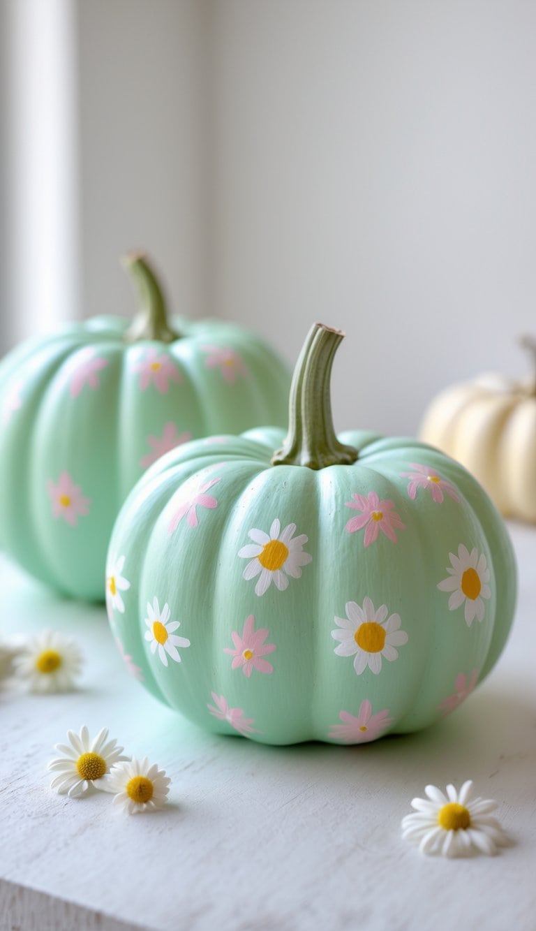 Close-up of one or two pastel green pumpkins painted with small white daisies on a clean tabletop.