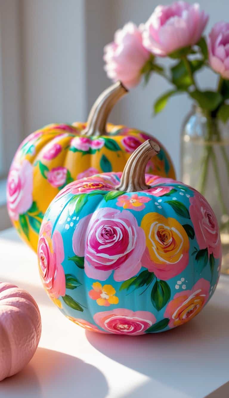 One to two pumpkins painted with colorful roses and peonies placed on a tabletop.