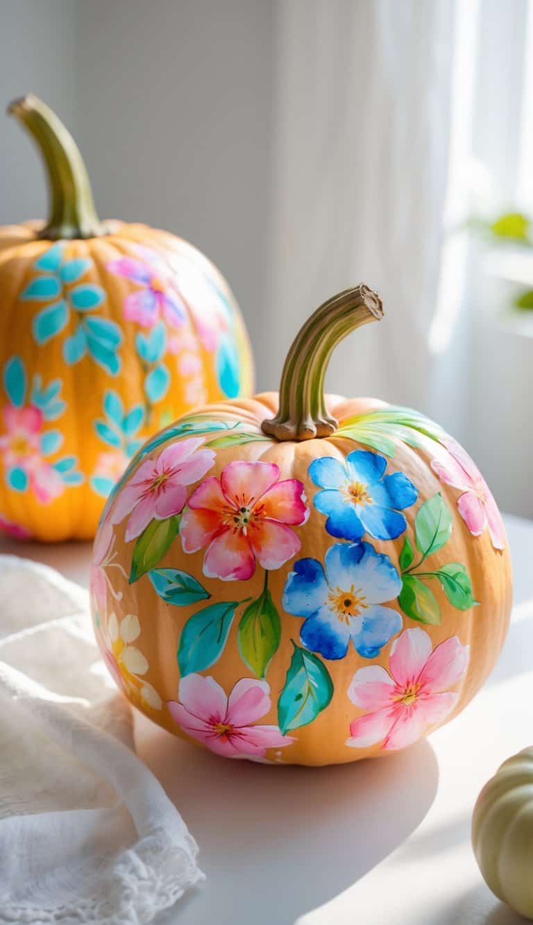One to two pumpkins painted with colorful floral designs on a clean tabletop under soft daylight.