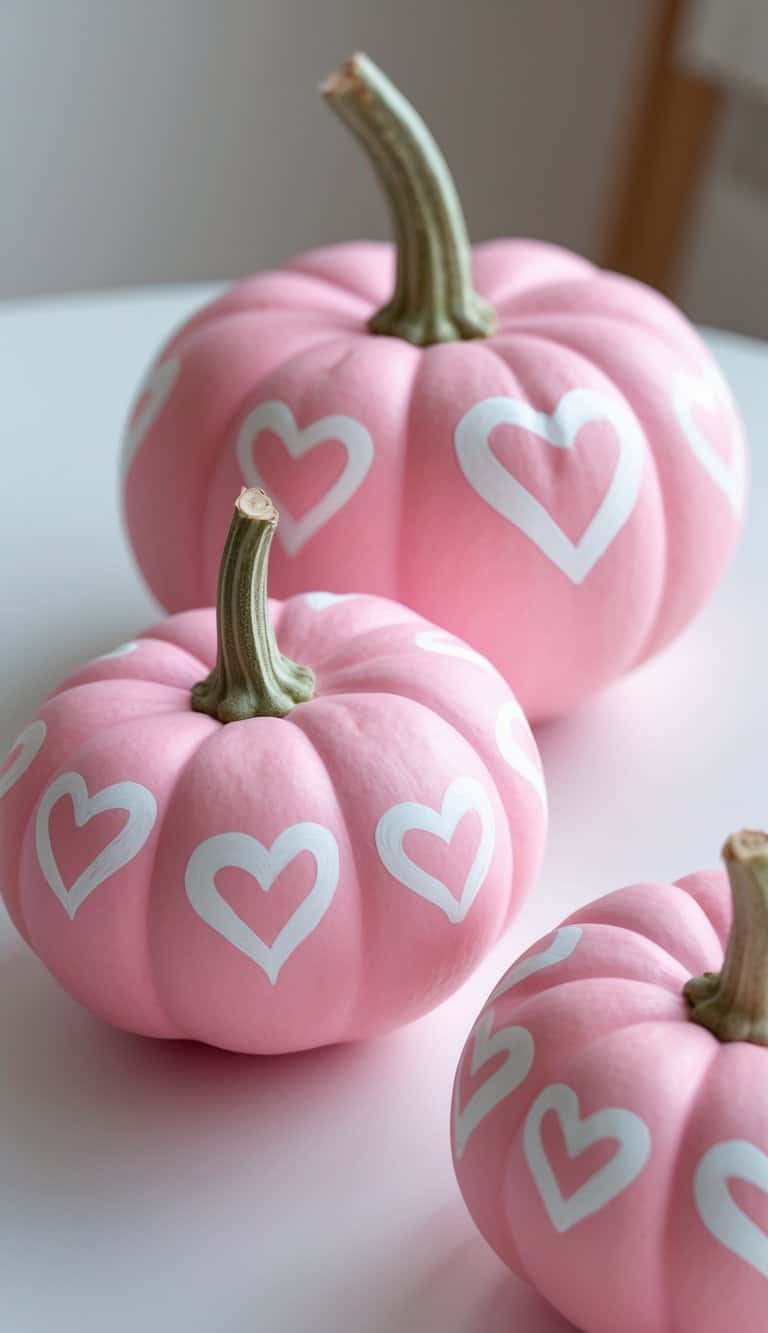 One to two pink pumpkins with white heart designs placed on a tabletop.