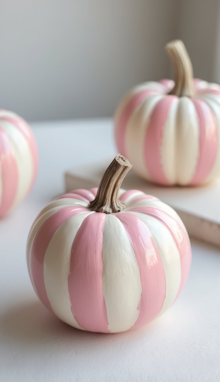 One to two small striped pumpkins painted in blush pink and cream on a clean tabletop.