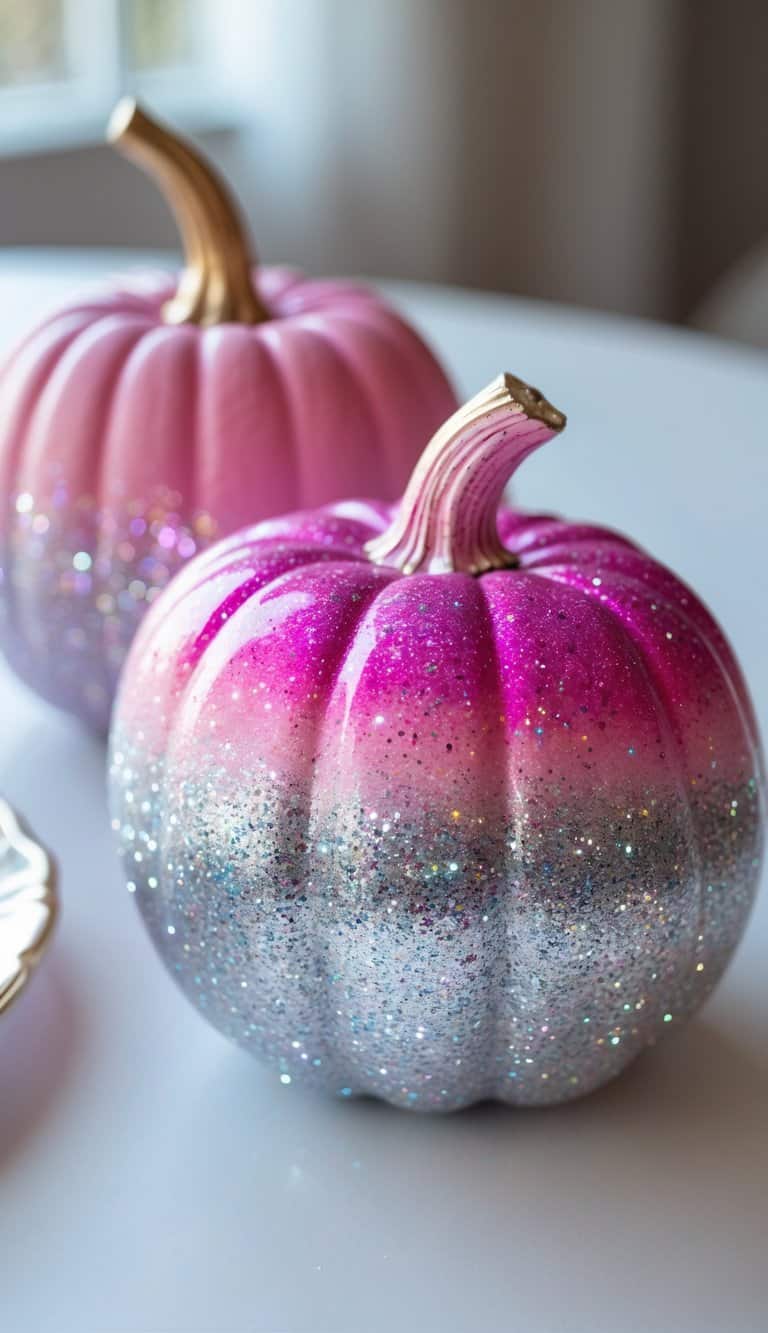 Close-up of one to two pumpkins painted with pink to silver glitter ombre on a tabletop.