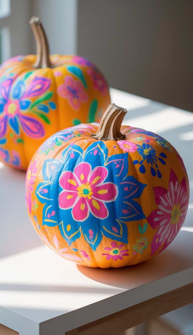 One to two pumpkins painted with colorful floral mandala designs placed on a clean tabletop under soft daylight.