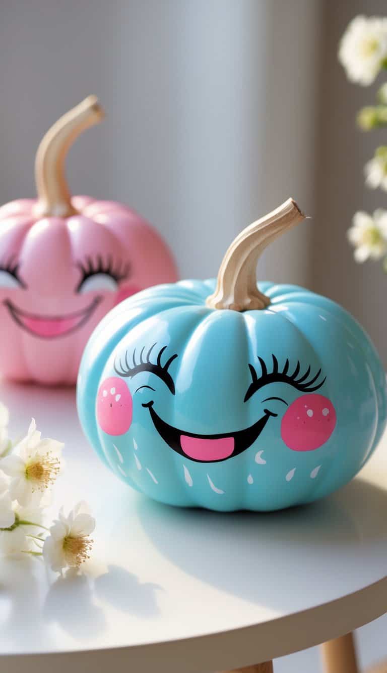 One to two small pumpkins painted with smiling faces, rosy cheeks, and eyelashes, placed on a tabletop.