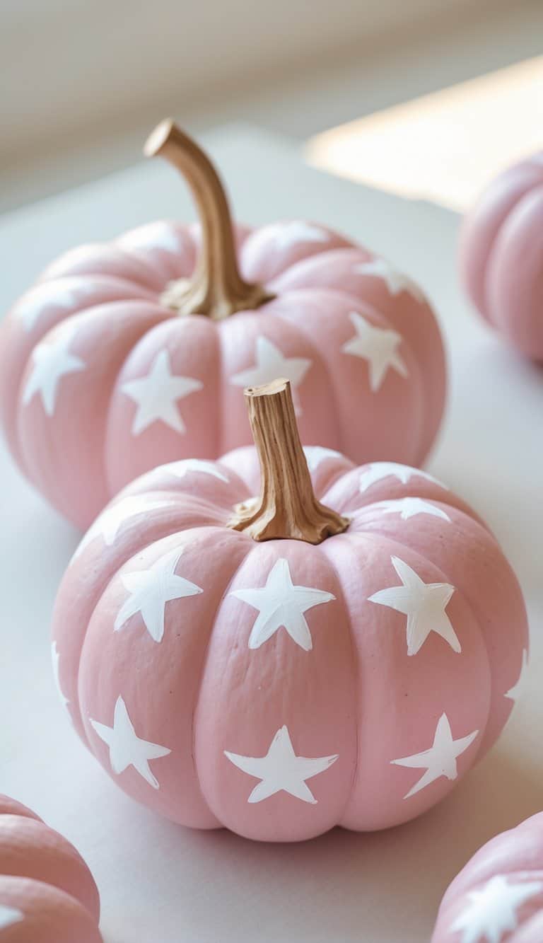 Close-up of one to two soft pink pumpkins painted with white star patterns on a tabletop.