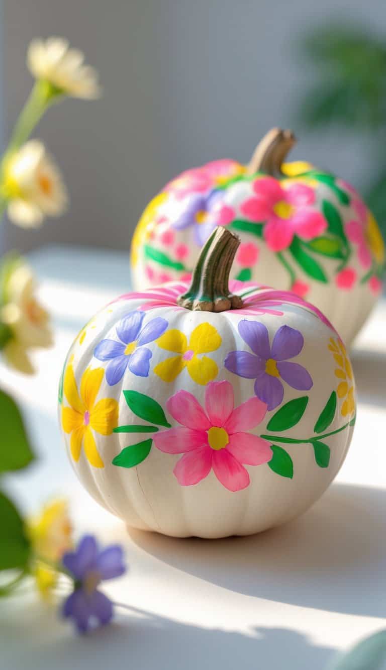 Close-up of one to two small pumpkins painted with colorful floral wreath designs on a clean tabletop.