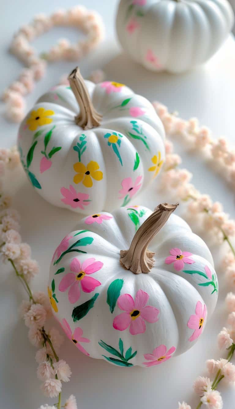 Close-up of one or two white pumpkins painted with colorful floral designs, decorated with soft floral garlands on a clean tabletop.