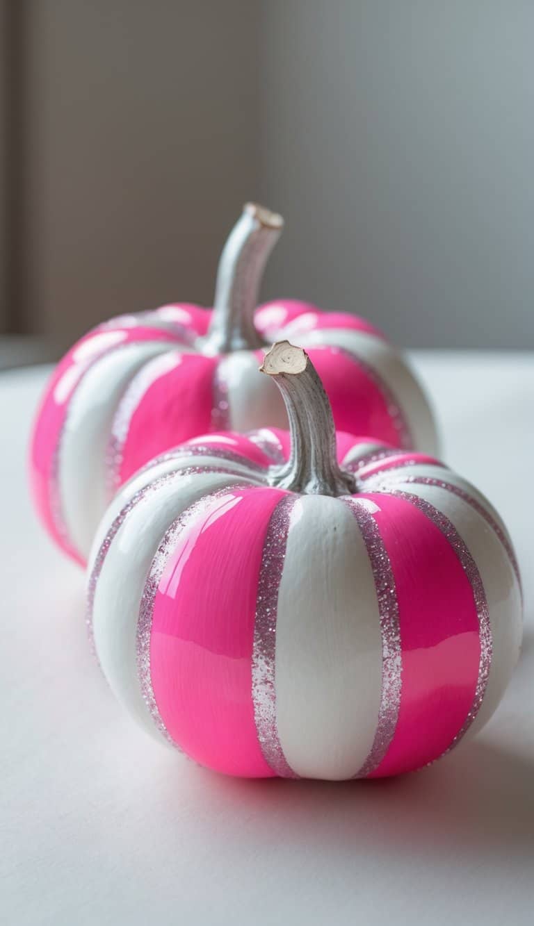 One to two small pumpkins painted with pink and white stripes and glitter edges on a clean tabletop.