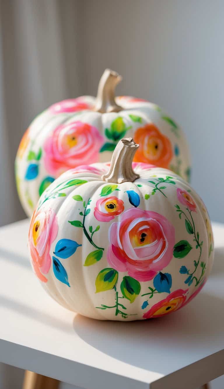 One to two pumpkins on a tabletop, decorated with hand-painted roses and vines.