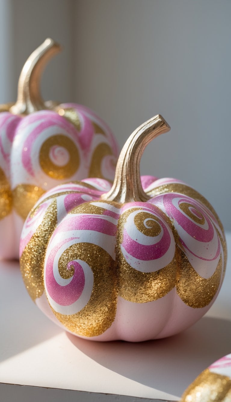One or two pumpkins painted with gold and pink glitter swirl patterns on a tabletop.