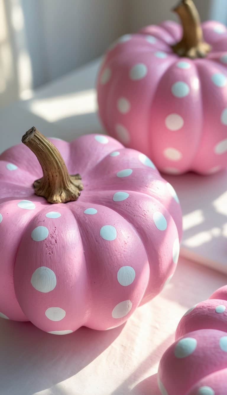 One to two pink pumpkins with white polka dots on a clean tabletop under soft daylight.