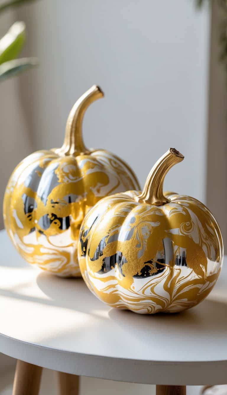 One to two pumpkins painted with gold marbled patterns placed on a tabletop with soft natural light.